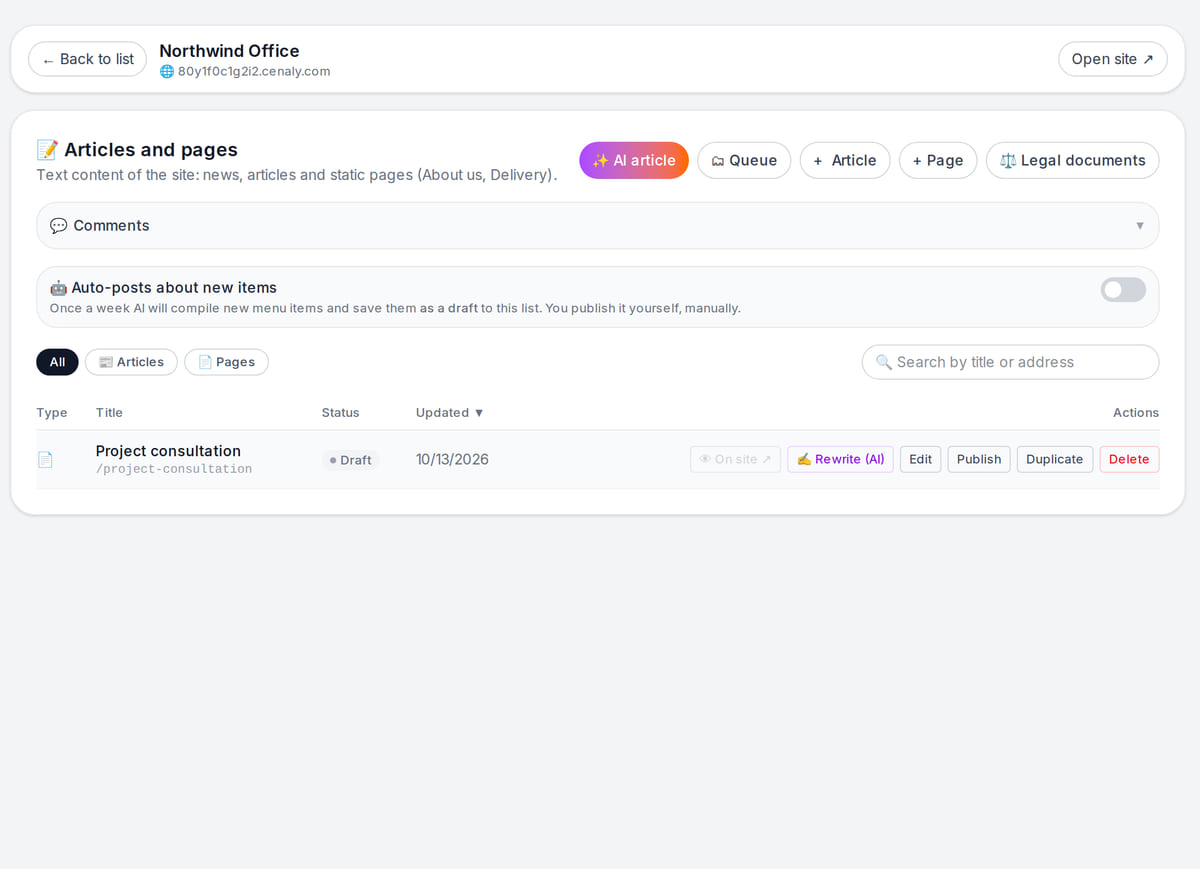 A new service page in the site editor: title, a Text section, Save as draft — the page list shows Draft status