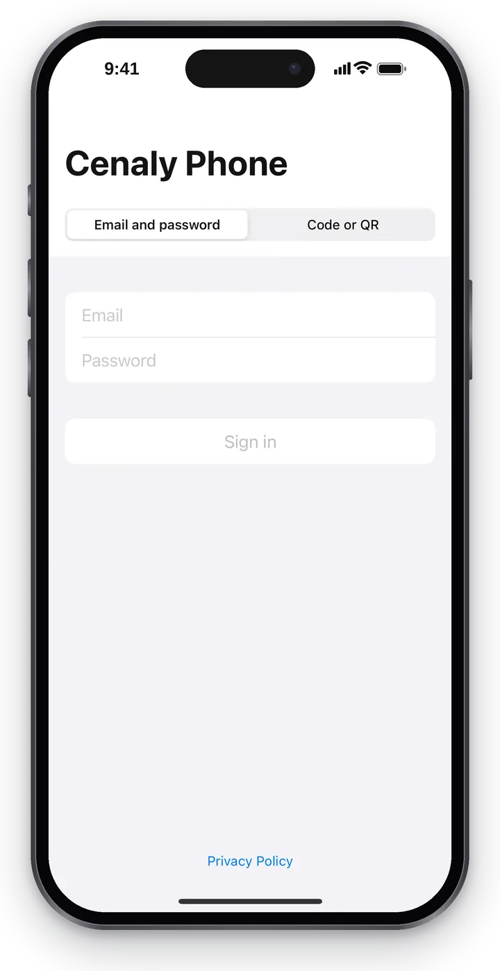 The Cenaly Phone sign-in screen: the “Email and password” / “Code or QR” switch, the “Email” and “Password” fields, the “Sign in” button