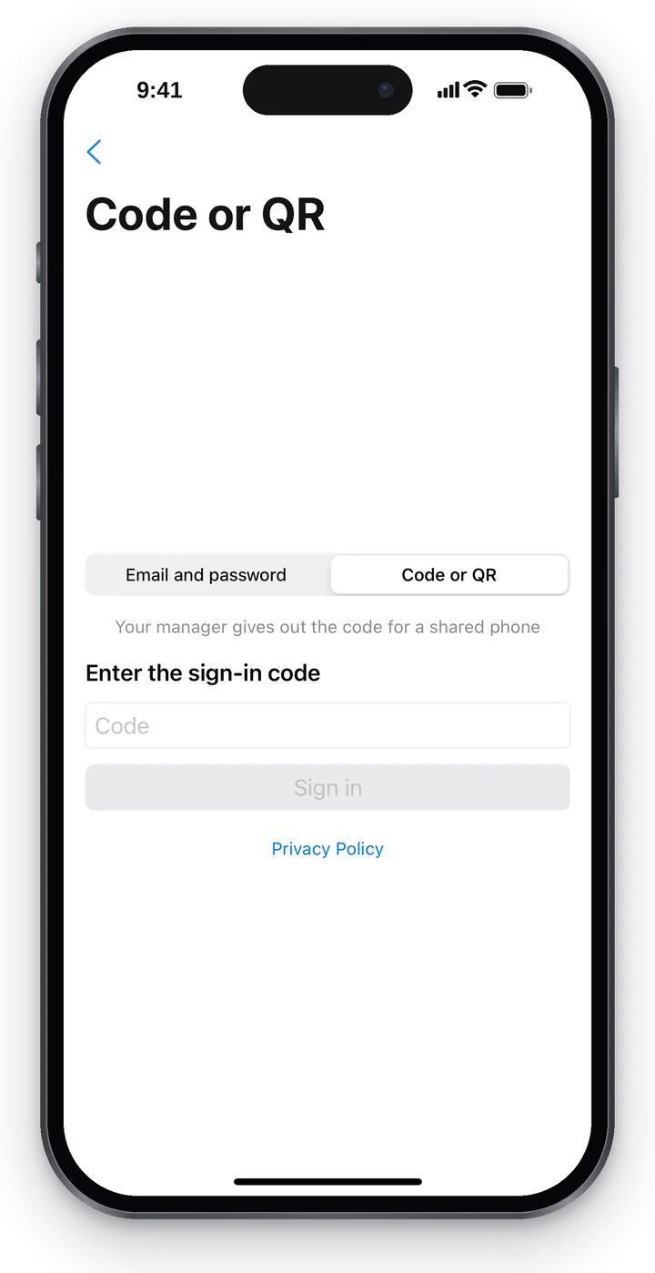 Manual entry: “Enter the sign-in code”, the “Code” field and the “Sign in” button