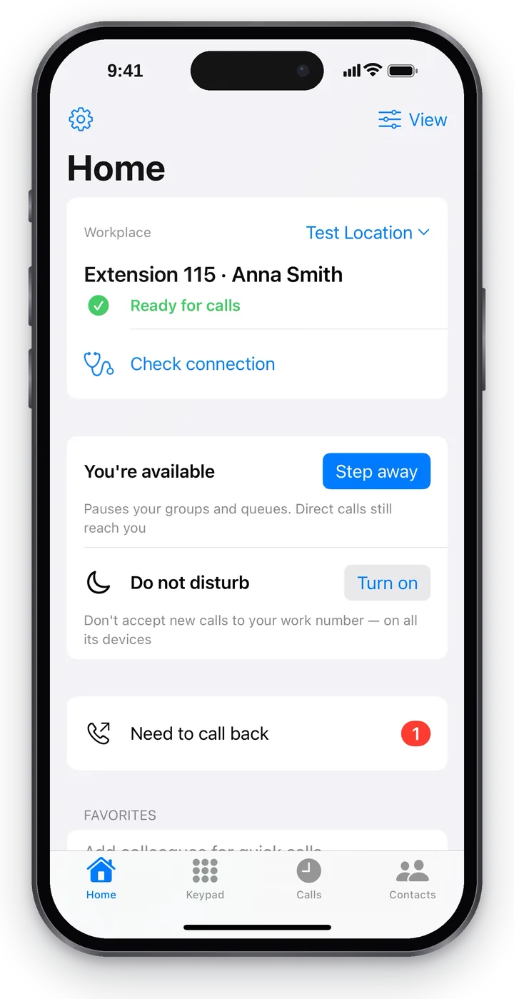 Home: the workplace, “Extension 115 · Anna Smith”, the green “Ready for calls” line, “Check connection”, the “You're available” and “Do not disturb” blocks