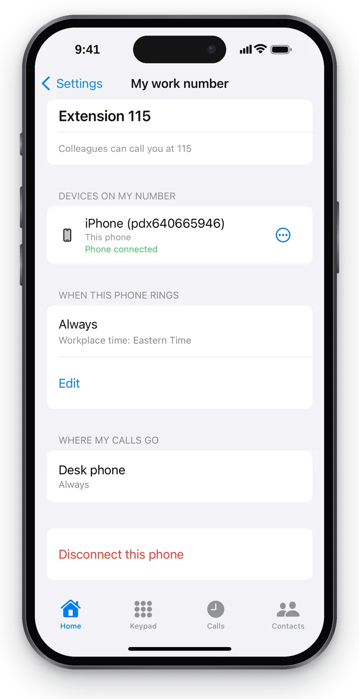 “When this phone rings”: “Always”, “Workplace time: …”, the “Edit” button; below it “Where my calls go” — “Desk phone, Always” and “Disconnect this phone”