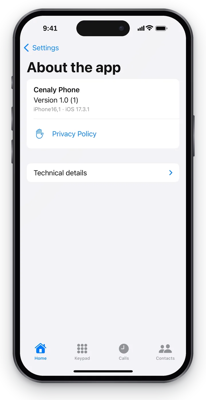 “About the app”: “Cenaly Phone”, “Version …”, the iPhone model and iOS, “Privacy Policy”, “Technical details”