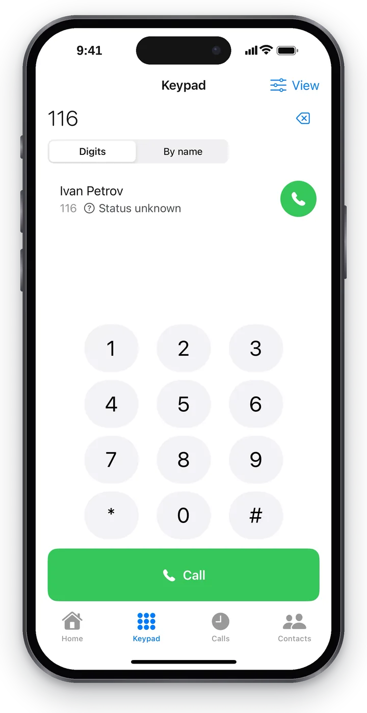 The Keypad tab: 116 dialed, under the field the suggestion “Ivan Petrov, 116” with a green handset, the keypad and the “Call” button