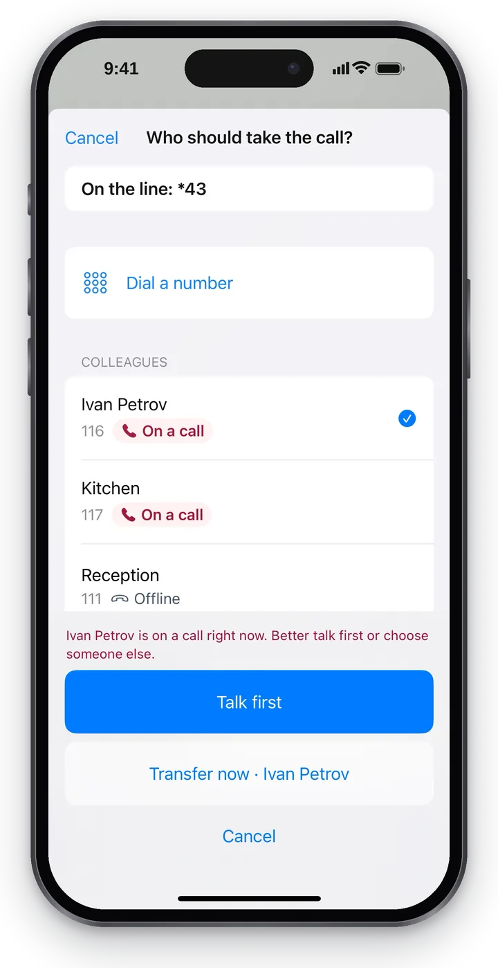 “Ivan Petrov” selected: the warning “Ivan Petrov is on a call right now…”, the “Talk first”, “Transfer now · Ivan Petrov” and “Cancel” buttons