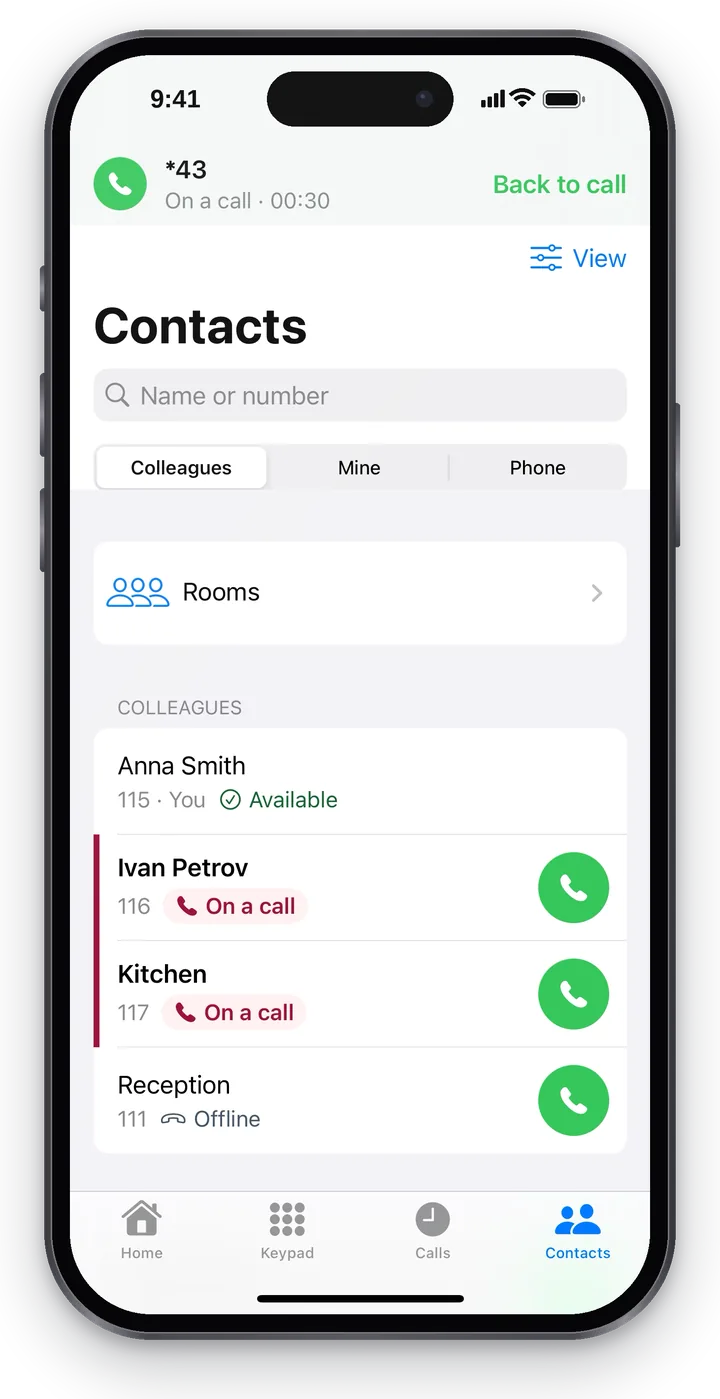 The Contacts tab during a call: at the top the green bar “*43 · On a call · 00:32 · Back to call”