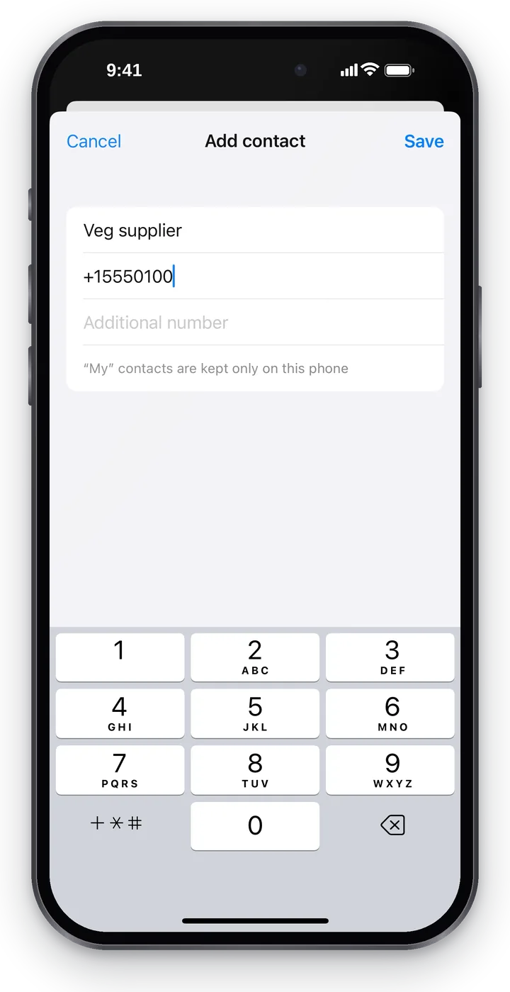 A new contact: the “Name” field — “Veg supplier”, “Main number”, “Additional number”, the “Cancel” and “Save” buttons