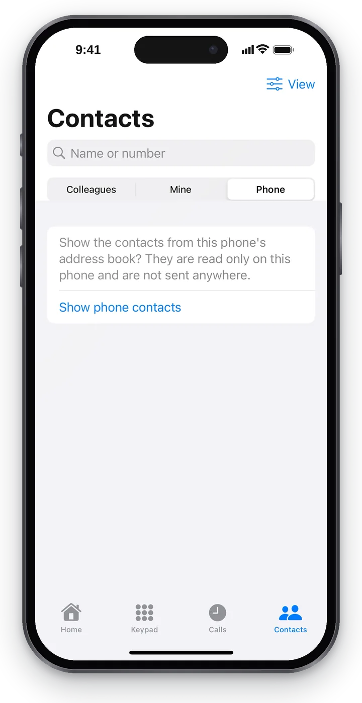 Contacts → Phone: the question about address book access and the “Show phone contacts” button