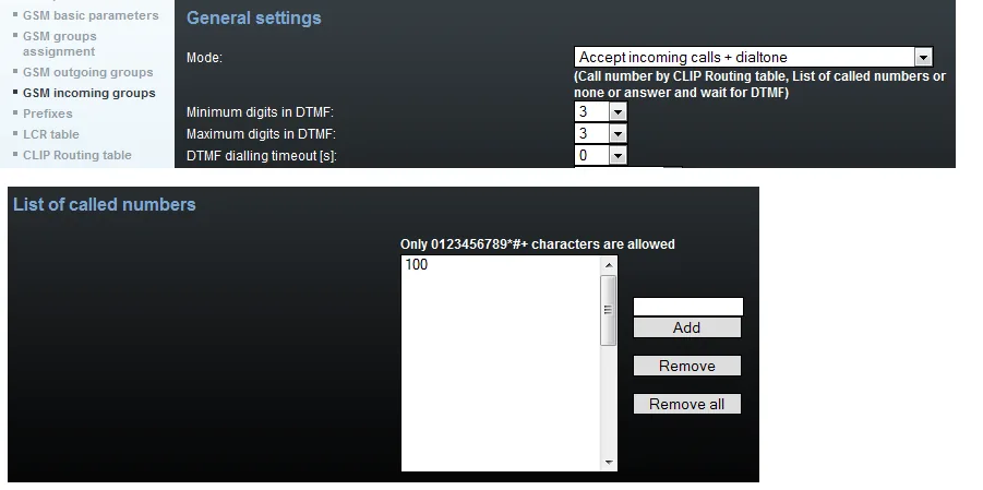 Раздел GSM incoming groups шлюза 2N VoiceBlue Next: Mode = Accept incoming calls + dialtone, Minimum и Maximum digits in DTMF = 3, DTMF dialling timeout = 0; ниже List of called numbers с номером 100