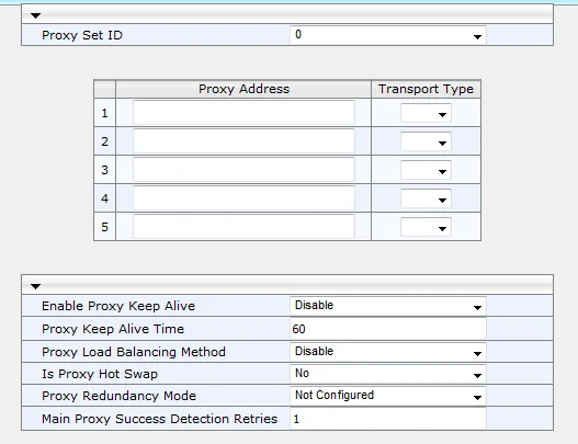 Proxy Sets Table page of the AudioCodes 6.6 web interface: Proxy Set ID drop-down set to 0, a five-row Proxy Address table with a Transport Type column, below it Enable Proxy Keep Alive, Proxy Keep Alive Time 60, Proxy Load Balancing Method, Is Proxy Hot Swap, Proxy Redundancy Mode