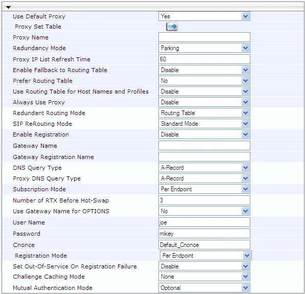 Proxy & Registration page of the AudioCodes 6.6 web interface: Use Default Proxy = Yes, Proxy Set Table link, fields Proxy Name, Enable Registration, Gateway Name, Gateway Registration Name, User Name, Password, Cnonce, Registration Mode