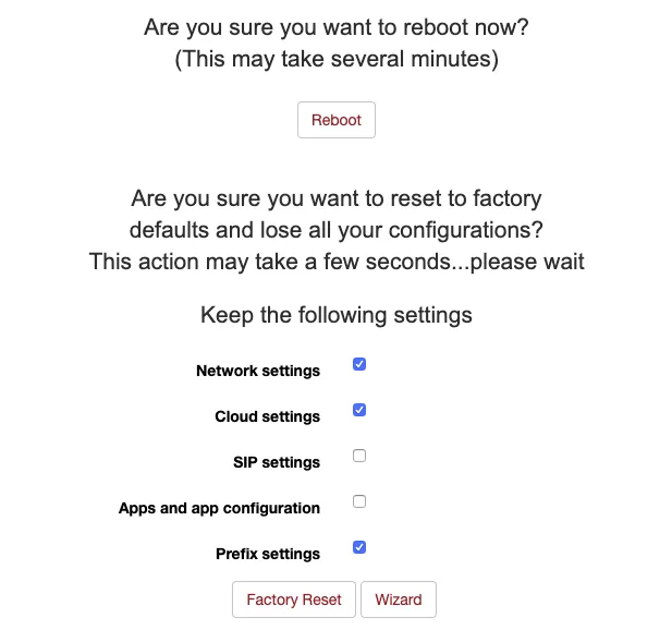 Окно Reboot/Reset шлюза beroNet: кнопка Reboot, вопрос о сбросе к заводским настройкам, блок Keep the following settings с галками Network settings, Cloud settings, SIP settings, Apps and app configuration, Prefix settings, кнопки Factory Reset и Wizard