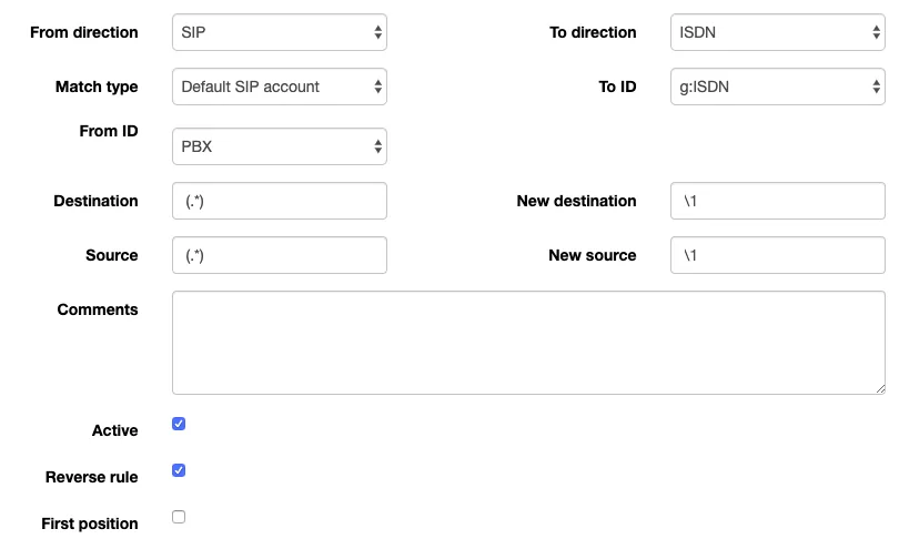 Окно правила Dialplan веб-интерфейса beroNet: From direction SIP, To direction ISDN, Match type Default SIP account, From ID PBX, To ID g:ISDN, Destination (.) и New destination \1, Source (.) и New source \1, поле Comments, галки Active, Reverse rule, First position