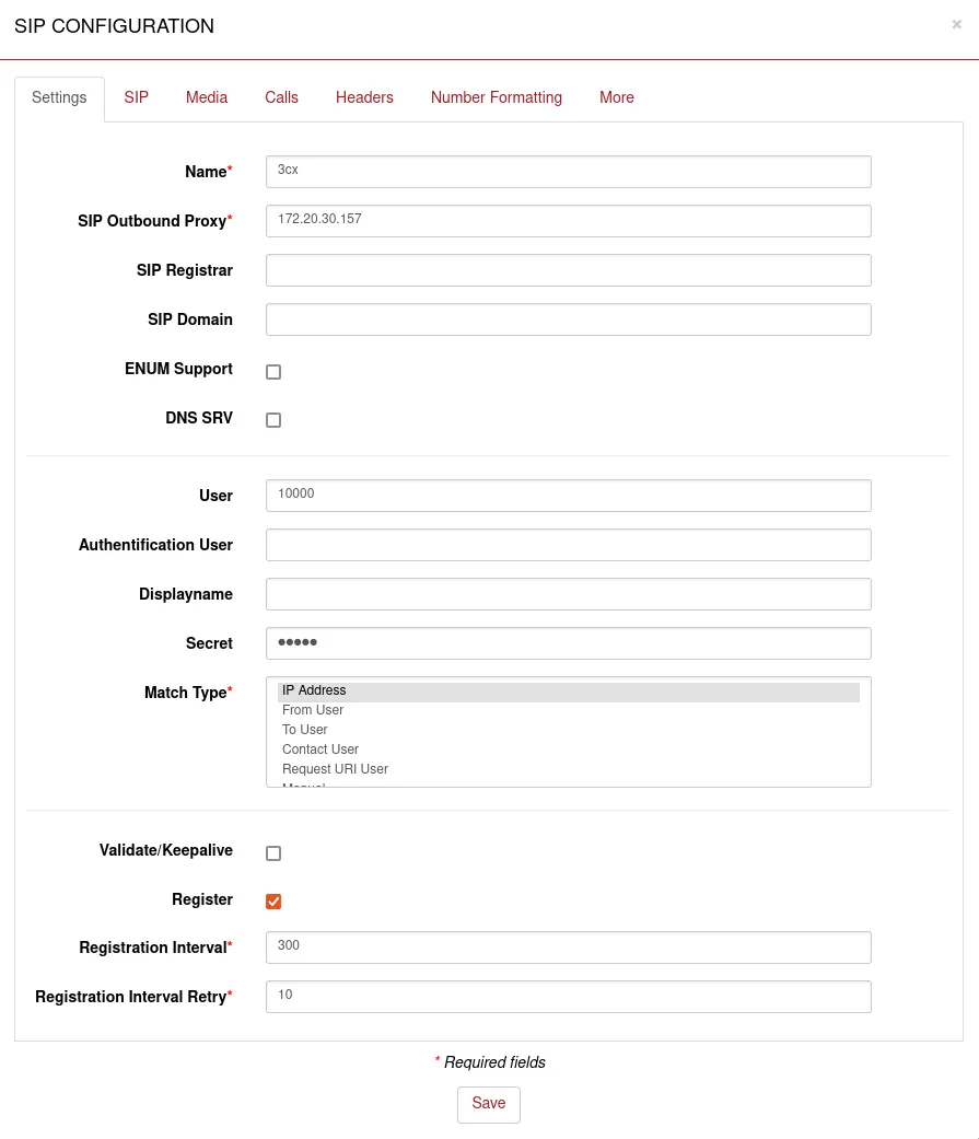 Окно SIP CONFIGURATION веб-интерфейса beroNet, вкладка Settings: поля Name, SIP Outbound Proxy, SIP Registrar, SIP Domain, User, Authentification User, Displayname, Secret, список Match Type с выделенным IP Address, галки Validate/Keepalive и Register (включена), Registration Interval 300 и Registration Interval Retry 10, кнопка Save