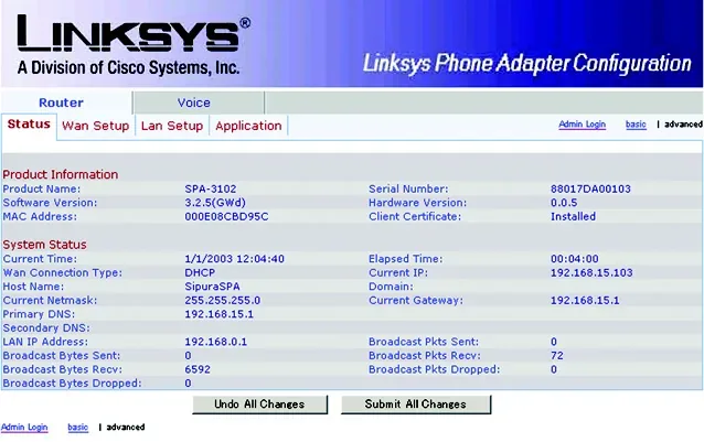 Вкладка Router → Status в веб-интерфейсе SPA3102: строки Current IP (адрес, полученный от роутера) и LAN IP Address 192.168.0.1
