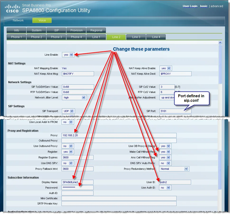 Вкладка Voice → Line 2 в веб-интерфейсе SPA8800: Line Enable, раздел SIP Settings с SIP Transport и SIP Port, раздел Proxy and Registration с полями Proxy и Register, раздел Subscriber Information с Display Name, User ID, Password, Use Auth ID и Auth ID