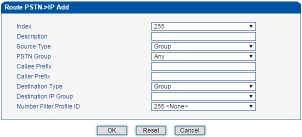 Dinstar MTG200 Route PSTN->IP Add window: Index, Description, Source Type = Group, PSTN Group = Any, Callee Prefix, Caller Prefix, Destination Type, Destination IP Group, Number Filter Profile ID
