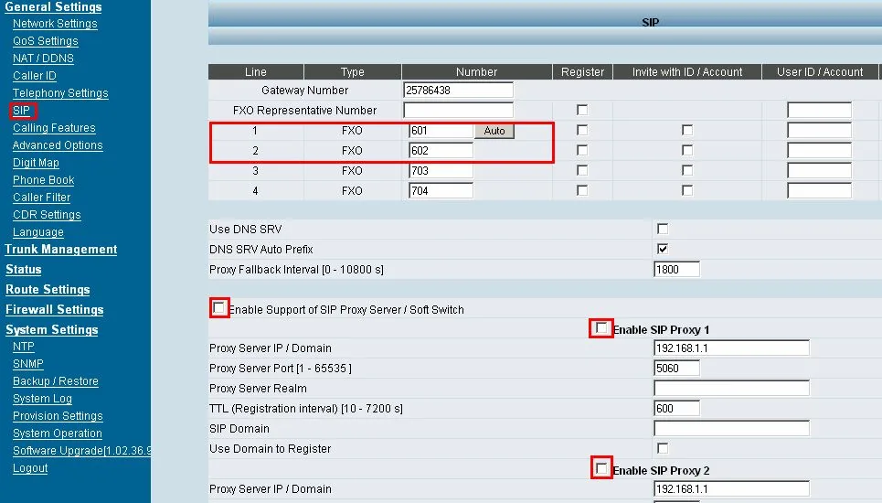Страница General Settings → SIP в интерфейсе «2008» (DVG-6004S): таблица линий FXO с колонками Number, Register, Invite with ID / Account, User ID / Account; ниже Enable Support of SIP Proxy Server / Soft Switch, Enable SIP Proxy 1, Proxy Server IP / Domain, Proxy Server Port, TTL