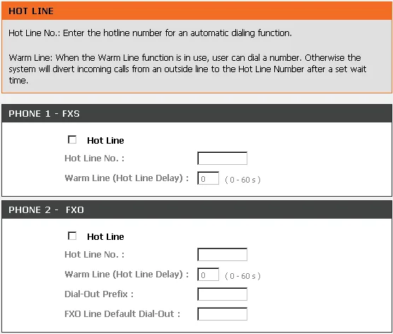 Страница ADVANCED → VoIP → Hot Line DVG-7111S: блок PHONE 2 – FXO с полями Hot Line, Hot Line No., Warm Line (Hot Line Delay), Dial-Out Prefix, FXO Line Default Dial-Out
