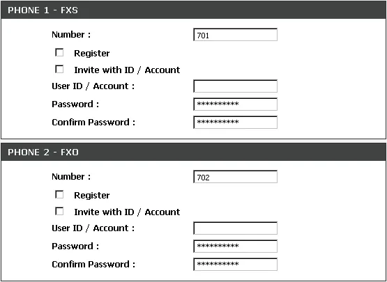 Блоки PHONE 1 – FXS и PHONE 2 – FXO на странице SETUP → VoIP Setup DVG-7111S: поля Number (701 и 702), Register, Invite with ID / Account, User ID / Account, Password, Confirm Password