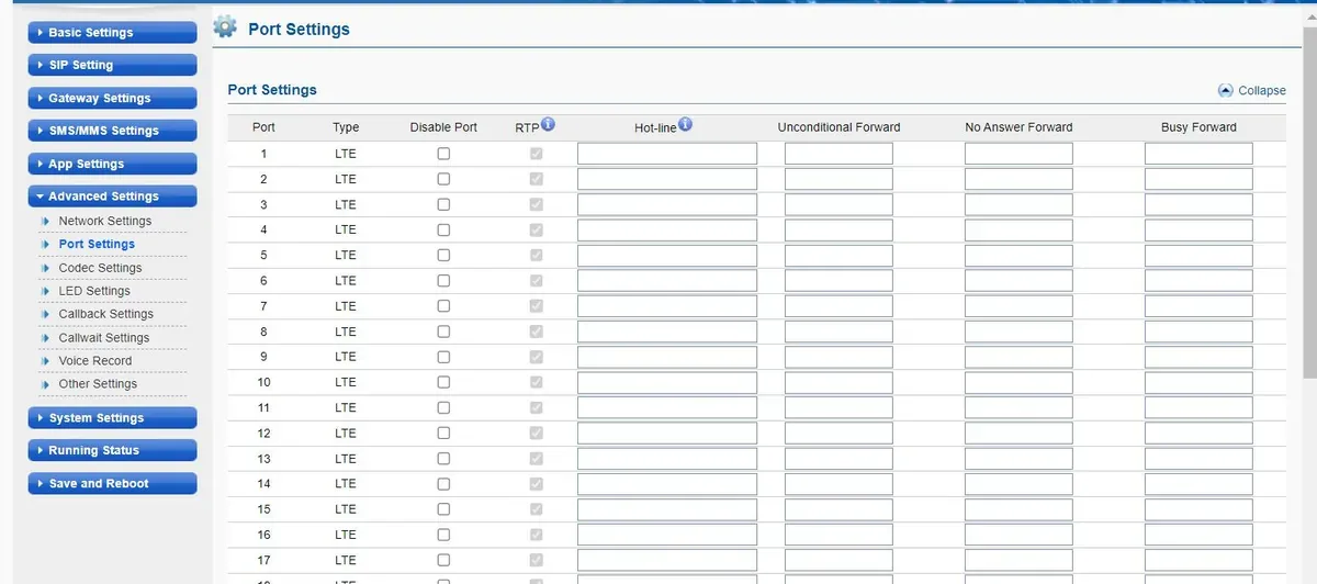 Страница Advanced Settings → Port Settings шлюза Ejoin ACOM5xx: по каждому порту тип сети (LTE), флажок Disable Port, RTP, поле Hot-line и поля Unconditional Forward, No Answer Forward, Busy Forward