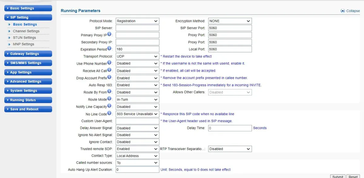 Страница SIP Setting → Basic Settings шлюза Ejoin ACOM5xx: Protocol Mode = Registration, Encryption Method = NONE, SIP Server, SIP Server Port 5060, Primary/Secondary Proxy IP, Expiration Period 180, Transport Protocol = UDP, Use Phone Number, Receive All Call, Route By From, Route Mode, Contact Type = Local Address, Called number sources