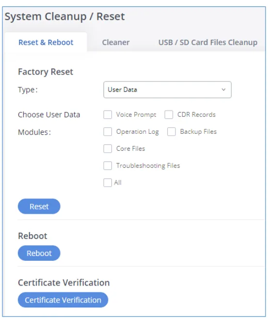 Вкладка Reset & Reboot раздела System Cleanup / Reset в веб-интерфейсе GXW450X: блок Factory Reset с полем Type и кнопкой Reset, ниже кнопки Reboot и Certificate Verification