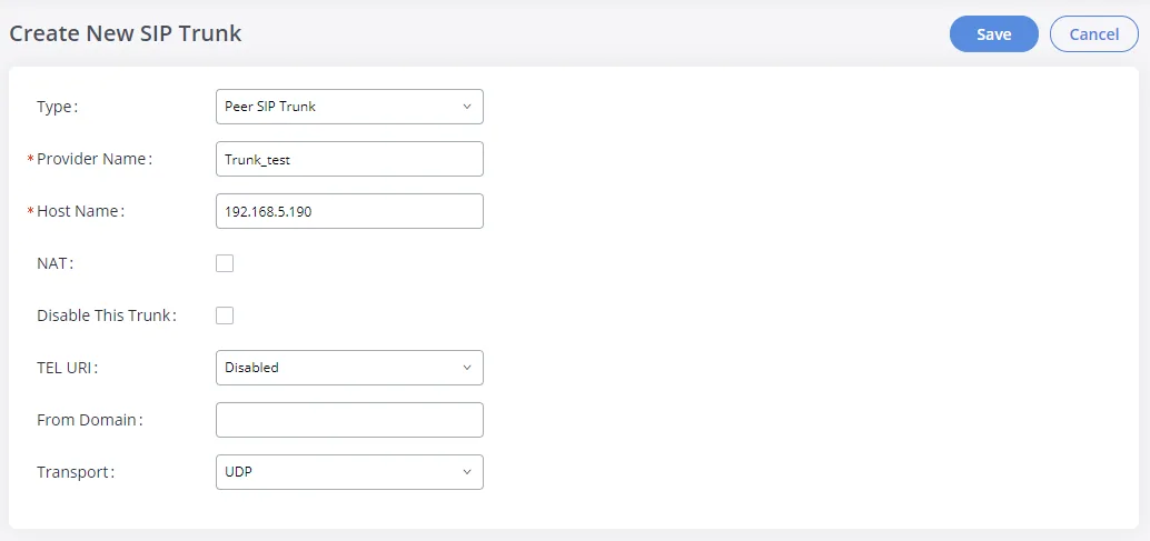 Окно Create New SIP Trunk в веб-интерфейсе GXW4501: поля Type, Provider Name, Host Name, NAT, Disable This Trunk, TEL URI, From Domain, Transport
