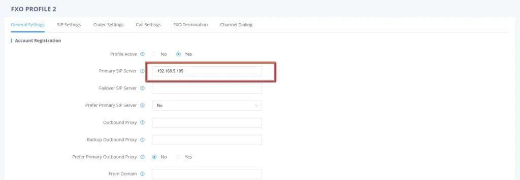 General Settings tab of an FXO profile in the HT841 web interface: the Profile Active switch and the Primary SIP Server field, with empty Failover SIP Server and Outbound Proxy below