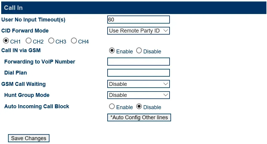 Страница Call IN шлюза GoIP: User No Input Timeout(s), CID Forward Mode = Use Remote Party ID, выбор канала CH1–CH4, Call IN via GSM, Forwarding to VoIP Number, Dial Plan, GSM Call Waiting, Hunt Group Mode, Auto Incoming Call Block, кнопки *Auto Config Other lines и Save Changes