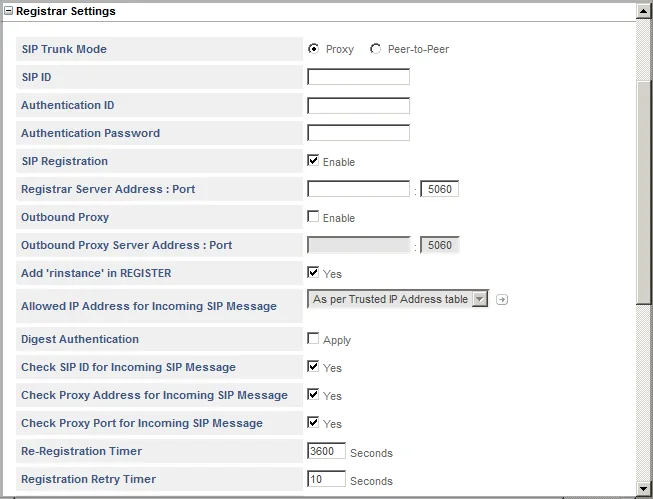 Блок Registrar Settings SIP-транка Matrix SETU VFX: SIP Trunk Mode (Proxy / Peer-to-Peer), SIP ID, Authentication ID, Authentication Password, SIP Registration, Registrar Server Address : Port 5060, Outbound Proxy, Re-Registration Timer 3600, Registration Retry Timer 10