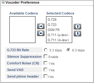 Блок Vocoder Preference SIP-транка Matrix SETU VFX: списки Available Codecs и Selected Codecs (G.729, G.723, GSM FR, G.711 µ-law, G.711 A-law) со стрелками перестановки