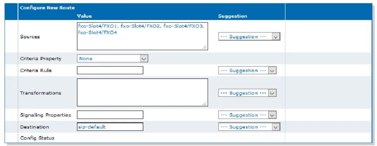 Форма Configure New Route веб-интерфейса Mediatrix: Sources — четыре порта fxo-Slot4/FXO1…FXO4, Criteria Property = None, пустые Criteria Rule, Transformations и Signaling Properties, Destination = sip-default