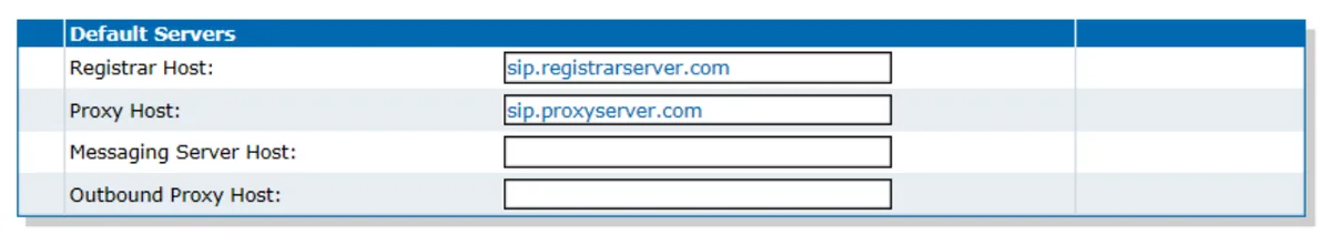Таблица Default Servers на странице SIP/Servers веб-интерфейса Mediatrix: поля Registrar Host и Proxy Host заполнены именами серверов, Messaging Server Host и Outbound Proxy Host пустые
