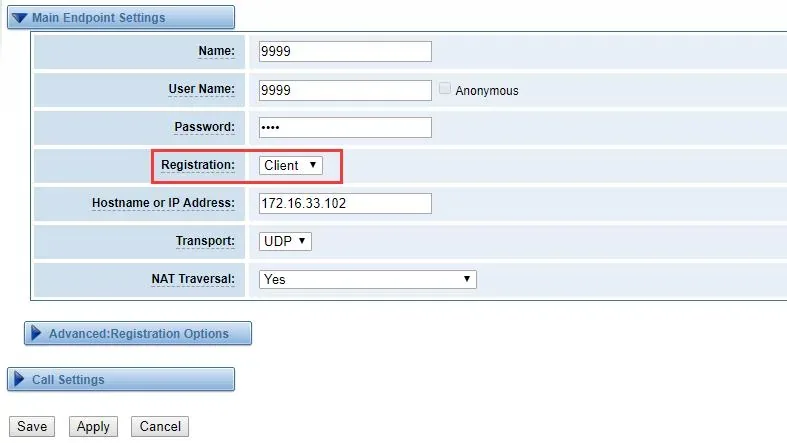 Блок Main Endpoint Settings нового SIP Endpoint в веб-интерфейсе OpenVox: поля Name, User Name с галкой Anonymous, Password, Registration со значением Client, Hostname or IP Address, Transport UDP и NAT Traversal