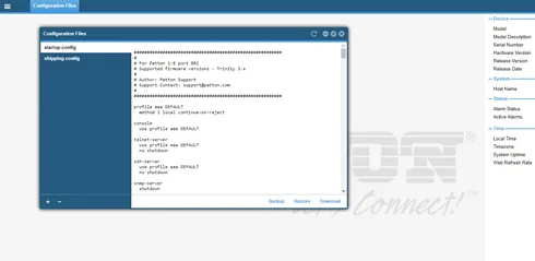 Окно Configuration Files веб-интерфейса Trinity: слева файлы startup-config и shipping-config, кнопки «+» и «−», справа текст конфигурации, внизу кнопки Backup, Restore, Download