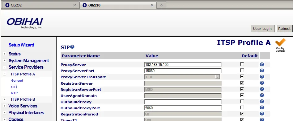 Страница Service Providers → ITSP Profile A → SIP в веб-интерфейсе OBi110: поля ProxyServer, ProxyServerPort, ProxyServerTransport, RegistrarServer, RegistrarServerPort, OutboundProxy, OutboundProxyPort, RegistrationPeriod
