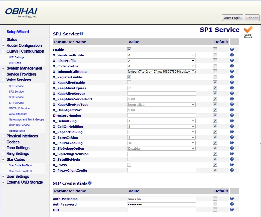 Страница Voice Services → SP1 Service в веб-интерфейсе OBi: Enable, X_ServProvProfile = A, X_InboundCallRoute, X_RegisterEnable, X_KeepAlive-поля, X_UserAgentPort 5060 и раздел SIP Credentials с полями AuthUserName, AuthPassword и URI