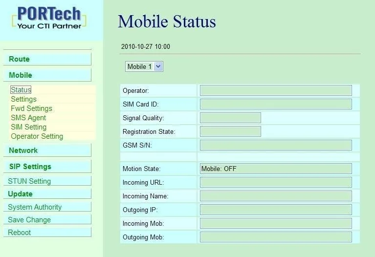 Страница Mobile Status шлюза Portech: выбор канала Mobile 1, поля Operator, SIM Card ID, Signal Quality, Registration State, GSM S/N, Motion State, Incoming URL, Incoming Name, Outgoing IP, Incoming Mob, Outgoing Mob