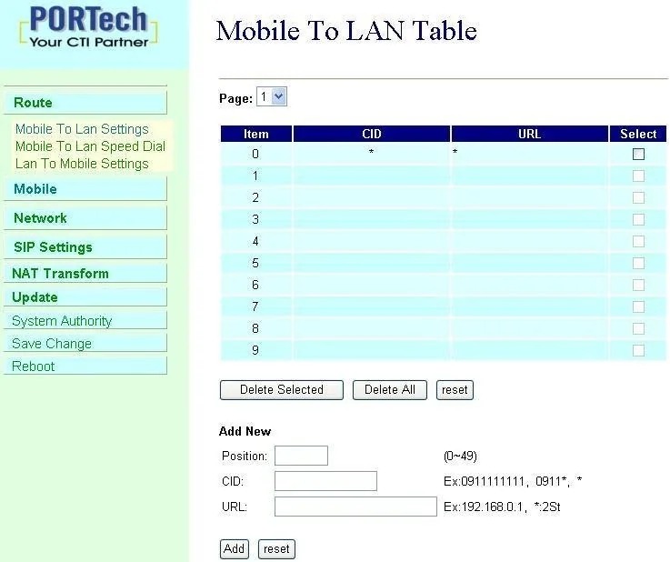 Страница Mobile To LAN Table шлюза Portech: таблица правил Item / CID / URL, кнопки Delete Selected и Delete All, блок Add New с полями Position (0~49), CID и URL