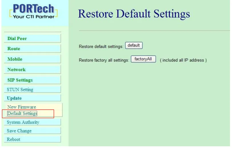 Страница Restore Default Settings шлюза Portech MV-374/378: кнопка default у Restore default settings и кнопка factoryAll у Restore factory all settings (included all IP address); в меню выделен пункт Update → Default Settings