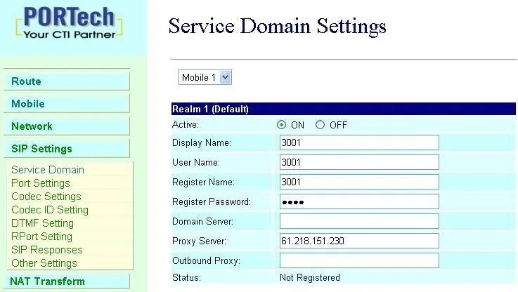 Страница Service Domain Settings шлюза Portech: выбор канала Mobile 1, блок Realm 1 (Default) с полями Active, Display Name, User Name, Register Name, Register Password, Domain Server, Proxy Server, Outbound Proxy и строкой Status