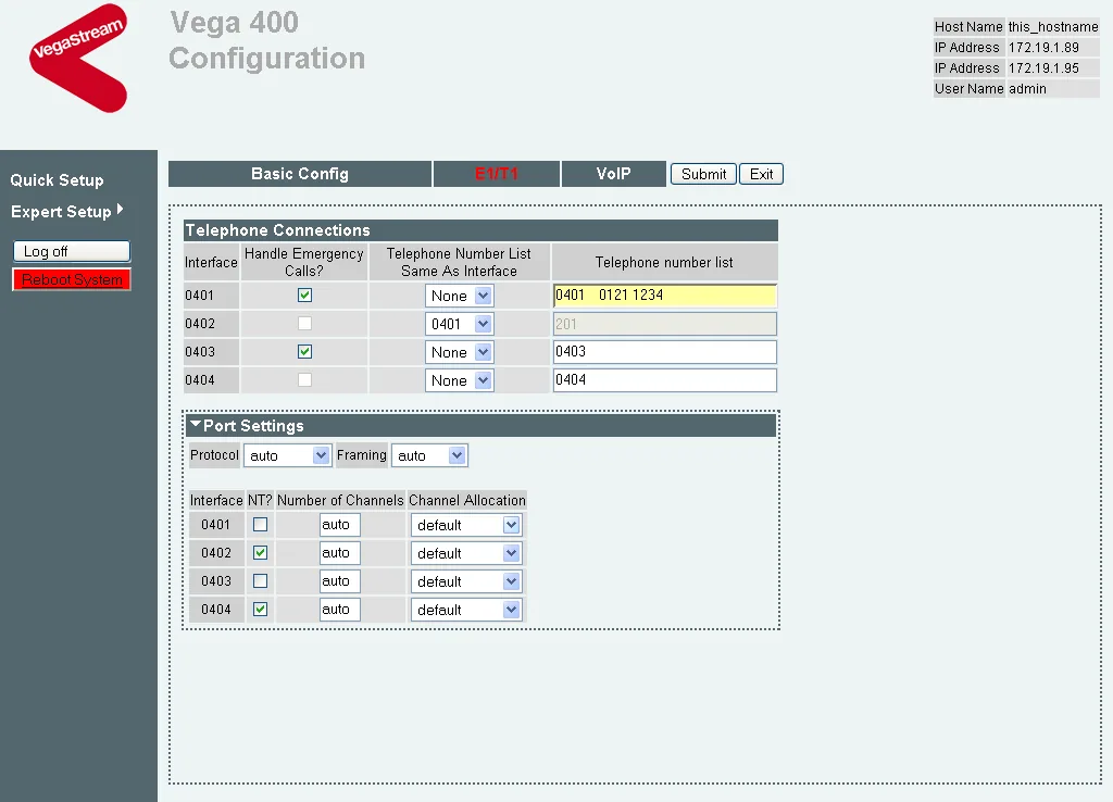 Вкладка E1/T1 мастера Quick Config (прошивка R8.1, Vega 400): таблица Telephone Connections для интерфейсов 0401–0404 и раздел Port Settings с полями Protocol, Framing, колонками NT?, Number of Channels, Channel Allocation