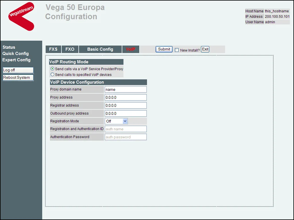 Вкладка VoIP мастера Quick Config (прошивка R8.1, Vega 50 Europa): переключатель VoIP Routing Mode «Send calls via a VoIP Service Provider/Proxy», поля Proxy domain name, Proxy address, Registrar address, Outbound proxy address, Registration Mode, Registration and Authentication ID, Authentication Password; сверху вкладки FXS, FXO, Basic Config, VoIP и кнопка Submit