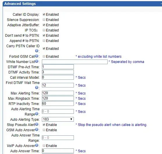 Страница Advanced Settings шлюза Skyline: Caller ID Display, Carry PSTN Caller ID = Enabled, Forbid GSM Call и White Number List, First DTMF Wait Time 12 с, Max Alerting Time, GSM Auto Answer, VoIP Auto Answer