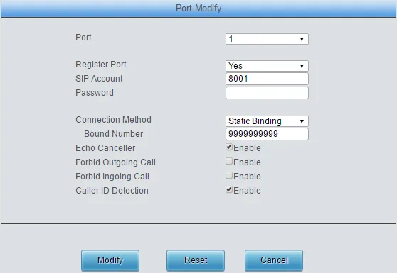 Окно Port-Modify шлюза Synway SMG4000: Port 1, Register Port, SIP Account 8001, Password, Connection Method = Static Binding, Bound Number, Echo Canceller, Forbid Outgoing Call, Forbid Incoming Call, Caller ID Detection
