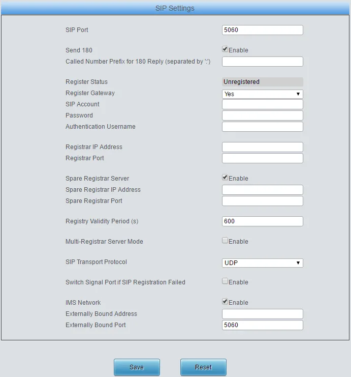 Страница SIP Settings шлюза Synway SMG4000: SIP Port 5060, Register Status, Register Gateway, SIP Account, Password, Authentication Username, Registrar IP Address, Registrar Port, Spare Registrar Server, Registry Validity Period 600, SIP Transport Protocol UDP, IMS Network