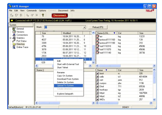 Окно GATE Manager в режиме Directory: слева дерево System (General, Versions, Connections, Statistics, Port Status, Directory, Online Trace), справа списки файлов шлюза и контекстное меню с пунктами Edit, Download From System, Upload To System