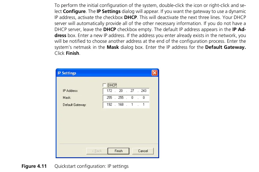 Окно IP Settings утилиты Quickstart шлюза TELES iGATE: галка DHCP, поля IP Address, Mask и Default Gateway, кнопки Back, Finish и Cancel; над окном — текст мануала о первичной настройке адреса