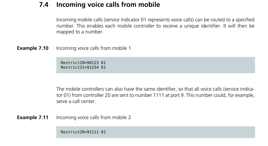 Раздел 7.4 мануала iGATE «Incoming voice calls from mobile»: примеры Restrict20=90123 01 и Restrict21=91234 01 — каждому мобильному контроллеру свой номер, и Restrict20=91111 01 — все голосовые вызовы с контроллера 20 на один номер, например для колл-центра