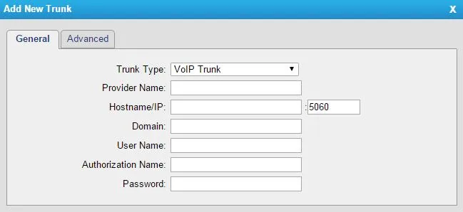 The “Add New Trunk” window, General tab: Trunk Type, Provider Name, Hostname/IP with port 5060, Domain, User Name, Authorization Name and Password fields